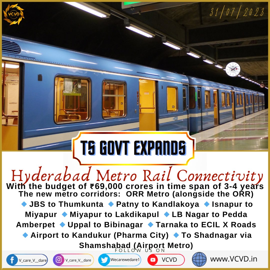 WeCareWeDare1's tweet photo. #TelanganaGovt expands Hyderabad Metro Rail Connectivity, project might complete in next 3-4 years with the budget of ₹69,000crs
#Telangana #hyderabametro #vcvd https://t.co/xqzNl3MW0m