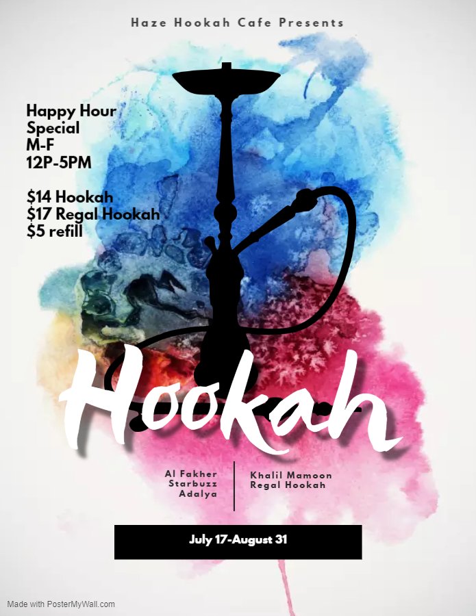 HazehookahCafe's tweet photo. Don't forget about our Happy Hour specials at our Fairfax spot, only for a limited time!

#happyhour #hookah #shisha #hookahlounge #fyp #foryou #monday https://t.co/RdzE7NIsBi