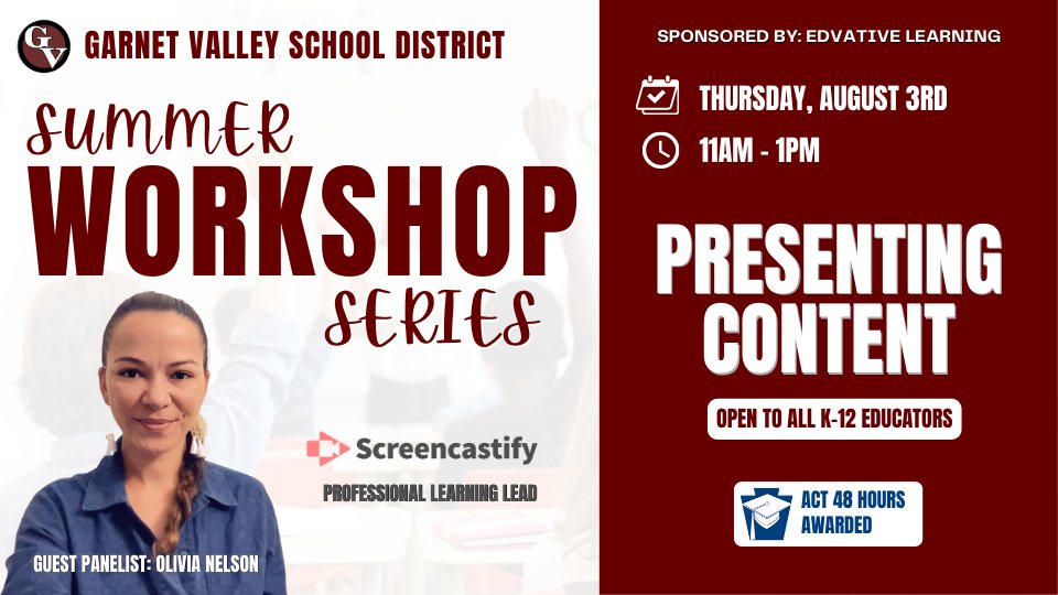 Only 3 days left until the 'Presenting Content' workshop hosted by @GarnetValleySD and @edvative with special guest Olivia Nelson of @Screencastify. 🚀 Get ready to take your presentations to the next level. Register now: bit.ly/3rOowee  #EdTech #Workshop