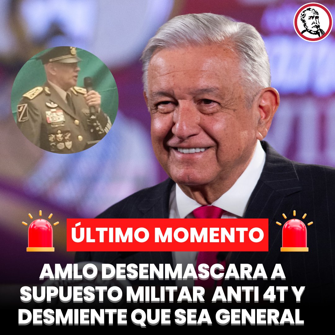 revistapolemon's tweet photo. 🚨#ÚLTIMOMOMENTO El Presidente @lopezobrador_ aclaró que el hombre que fingió ser general y pidió un juicio en su contra, no pertenece a las Fuerzas Armadas. 

"Este general no es general y no se está portando bien", dijo riéndose el Presidente AMLO en su conferencia mañanera de este lunes en Palacio Nacional. 

López Obrador indicó que el supuesto general sólo "se vistió" de militar para hacer una denuncia en su contra, durante un evento del "Movimiento 2030" en el Club de Periodistas de la Ciudad de México el pasado sábado 29 de julio.

"Imagínense disfrazarse de general para denunciar y no es General. Todos están zopiloteando, en el caso de los medios, sobre todo, de manipulación”, expuso AMLO.

El mandatario señaló que se hará una investigación para aclarar la situación y los resultados se expondrán en la sección  ‘Quién es quién es las mentiras’, a cargo de Elizabeth García Vilchis.

“Ayer por ejemplo salió en redes sociales, en un foro, no sé si es del bloque conservador, una denuncia hecha por un militar, general del Ejército, y resulta que no es general, se vistió, no es militar ni general (...) ¿lo sacaron en el periódico eso? Hay que ver porque a lo mejor está bueno para la sección ‘Quién es quién es las mentiras'". 

En el video que se viralizó en redes sociales, el supuesto militar se presentó como “el director del Movimiento mexicanos al grito de guerra, general de división del Estado Mayor” y se lanzó en contra del Presidente AMLO.

“Se puede, de acuerdo con la Constitución, enjuiciar a un presidente que esta transgrediendo flagrantemente la Constitución Política de los Estados Unidos Mexicanos, se puede enjuiciar a una persona que de manera necia y terca se quiere adueñar de las instituciones como fue del INE, como es ahora la Suprema Corte de Justicia de la Nación, como es ahora el Tribunal Electoral del Poder Judicial de la Federación, como es ahora el INAI”, dijo el sujeto en su discurso. 

El hombre denunció que López Obrador es el primer ciudadano en agraviar la constitución y pidió a los asistentes al evento seguir confiando en el Ejército y la Marina, pues según él, los elementos no apoyan al Presidente AMLO. 

"Nosotros estamos dispuestos a llegar hasta las últimas consecuencias, continúen confiando en su Ejército, continúen confiando en su Marina porque el 98 por ciento estamos con el pueblo de México [...] no estamos con un dictador, con un pseudodictador, mucho menos con un semidios", dijo el impostor que hasta presumió haber sido agregado militar en varios países.