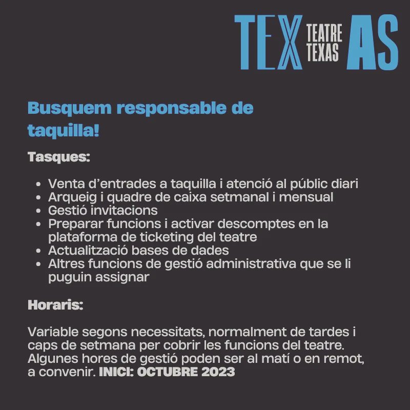 EspaiTexasBcn's tweet photo. BUSQUEM PERSONAL DE TAQUILLA 👀 El nou teatre de l'Espai Texas necessita equip de taquilla. T'interessa? ✉️ Envia'ns el teu CV a info@espaitexas.cat https://t.co/dnkDnjDXYj
