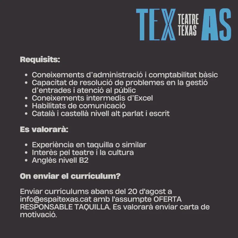 BUSQUEM PERSONAL DE TAQUILLA 👀 El nou teatre de l'Espai Texas necessita equip de taquilla. T'interessa? ✉️ Envia'ns el teu CV a info@espaitexas.cat