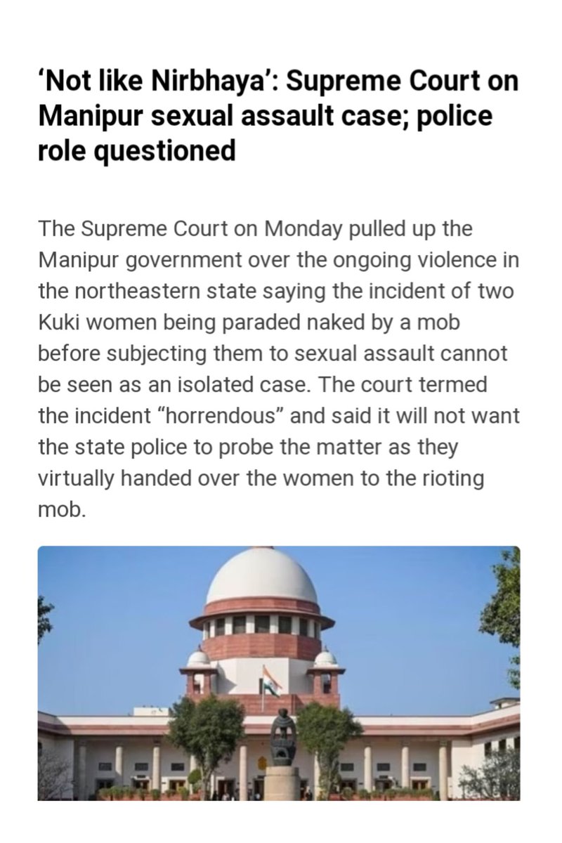SandhyaS64891's tweet photo. Supreme Court's stance on the Manipur a wake-up call for justice! We must ensure accountability and fairness, so no victim suffers like Nirbhaya again.Questioning police role is crucial to uphold the law and protect the vulnerable. #JusticeForAll #ManipurCase https://t.co/Sg6JCQkFP8