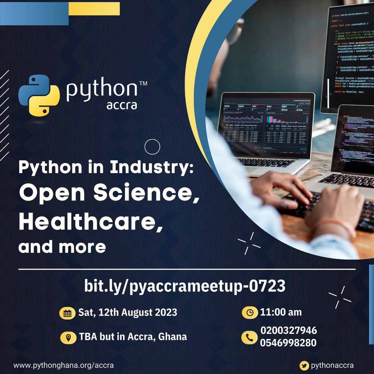 PythonAccra's tweet image. Get in here, #Pythonistas!

Join us at #Python Accra&apos;s meetup where we will be exploring &quot;Python in Industry: Open Science, Healthcare, and more...&quot;

📅12th of August 2023
⏲️ 11am
📍 TBA shortly but in Accra

Register to secure your spot here: bit.ly/pyaccrameetup-…