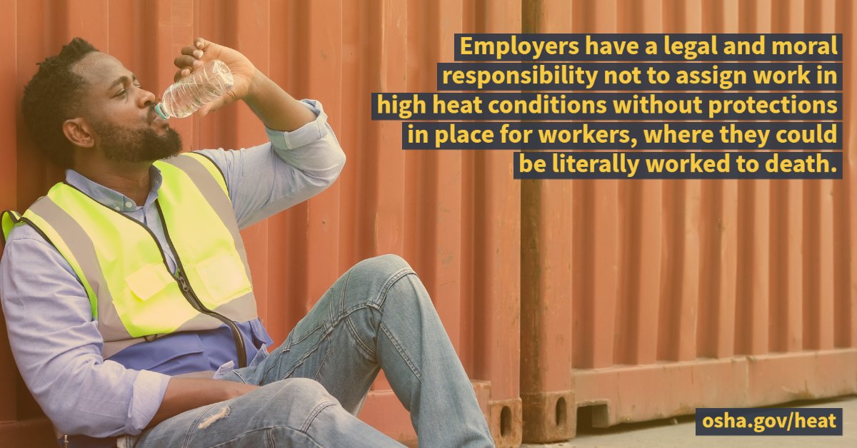 ICYMI: Employers have a legal &amp; moral responsibility not to assign work in high heat conditions without protections in place for workers. With record-breaking heat across the country, <a href="/OSHA_DOL/">OSHA_DOL</a> has issued a hazard alert at the direction of President Biden: dol.gov/newsroom/relea…