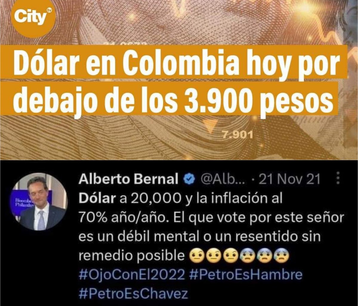 Yo no logro entender cómo ese tipo de <a href="/AlbertoBernalLe/">Alberto Bernal</a> tiene empleo... 🤔 Yo a este dizque economísta, no le doy ni los libros contables de un tienda de barrio.🤷‍♂️🤣🤣🤣
#dolar #ColombiaVaBien #PactoHistorico