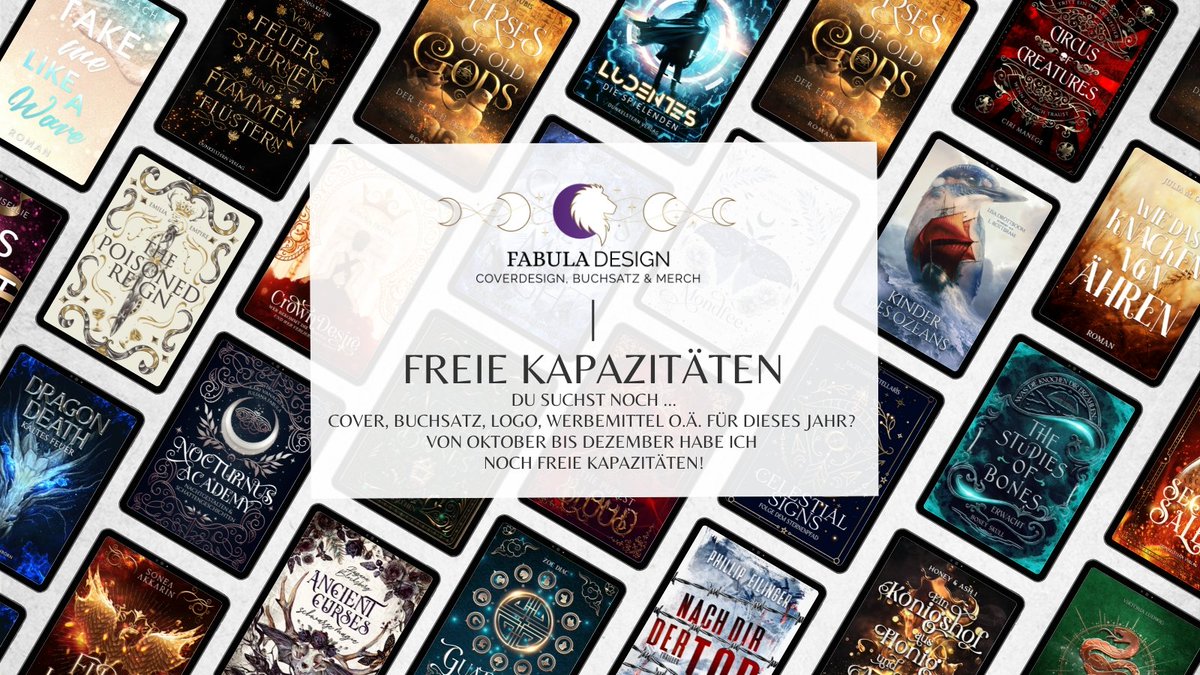 Ihr sucht noch Coverdesign, Buchsatz o.ä. für eure Buchveröffentlichung? Ich habe von Oktober bis Dezember noch freie Kapazitäten! Meldet euch also gerne bei mir oder empfehlt mich weiter! :D (Gern RT)