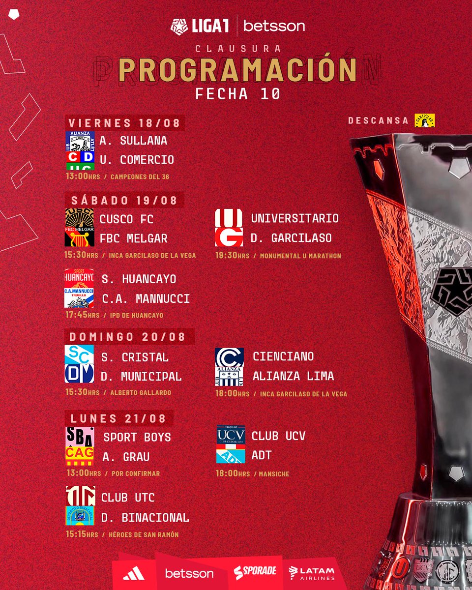 Liga1TeApuesto's tweet photo. 𝐏𝐫𝐞𝐬𝐞𝐧𝐭𝐚𝐦𝐨𝐬 𝐥𝐚 𝐩𝐫𝐨𝐠𝐫𝐚𝐦𝐚𝐜𝐢𝐨́𝐧 𝐝𝐞 𝐥𝐚𝐬 𝐟𝐞𝐜𝐡𝐚𝐬 8️⃣, 9️⃣ 𝐲 🔟

#Liga1Betsson 
#UnaLigaParaTodos https://t.co/bn18eIg0Hl