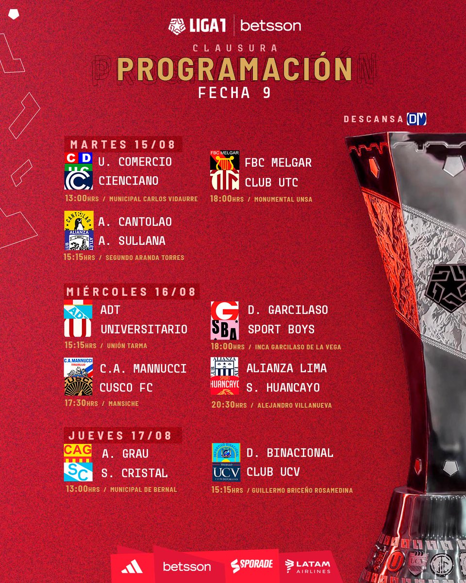 Liga1TeApuesto's tweet photo. 𝐏𝐫𝐞𝐬𝐞𝐧𝐭𝐚𝐦𝐨𝐬 𝐥𝐚 𝐩𝐫𝐨𝐠𝐫𝐚𝐦𝐚𝐜𝐢𝐨́𝐧 𝐝𝐞 𝐥𝐚𝐬 𝐟𝐞𝐜𝐡𝐚𝐬 8️⃣, 9️⃣ 𝐲 🔟

#Liga1Betsson 
#UnaLigaParaTodos https://t.co/bn18eIg0Hl
