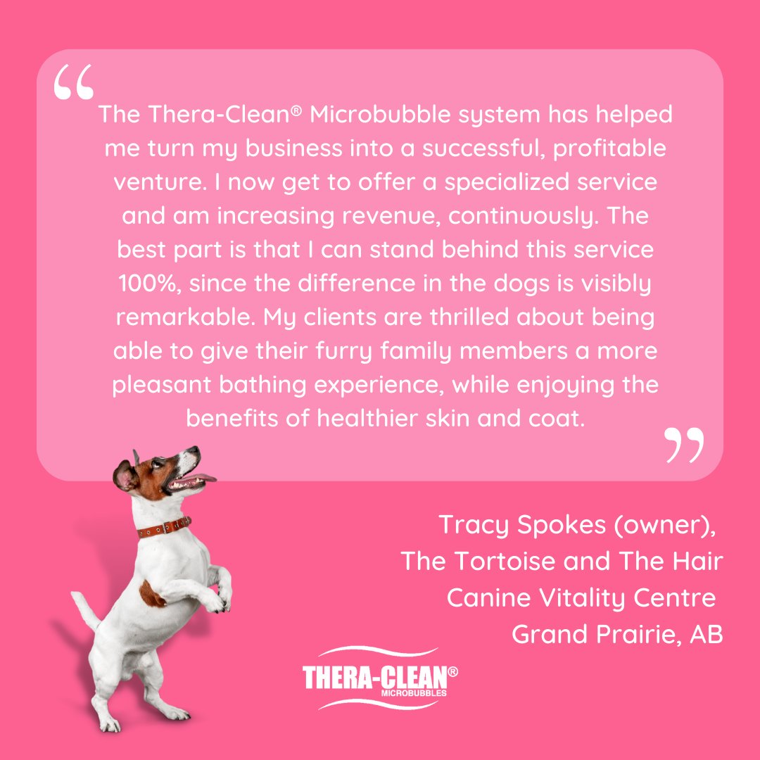 TheraCleanInc's tweet photo. It's amazing to see how impactful owning a Thera-Clean Microbubbles system can be for grooming businesses like Tracy's! Our goal is to make the incredible benefits of Thera-Clean Microbubble baths available to every pet in North America, and beyond. https://t.co/jLNzadai10