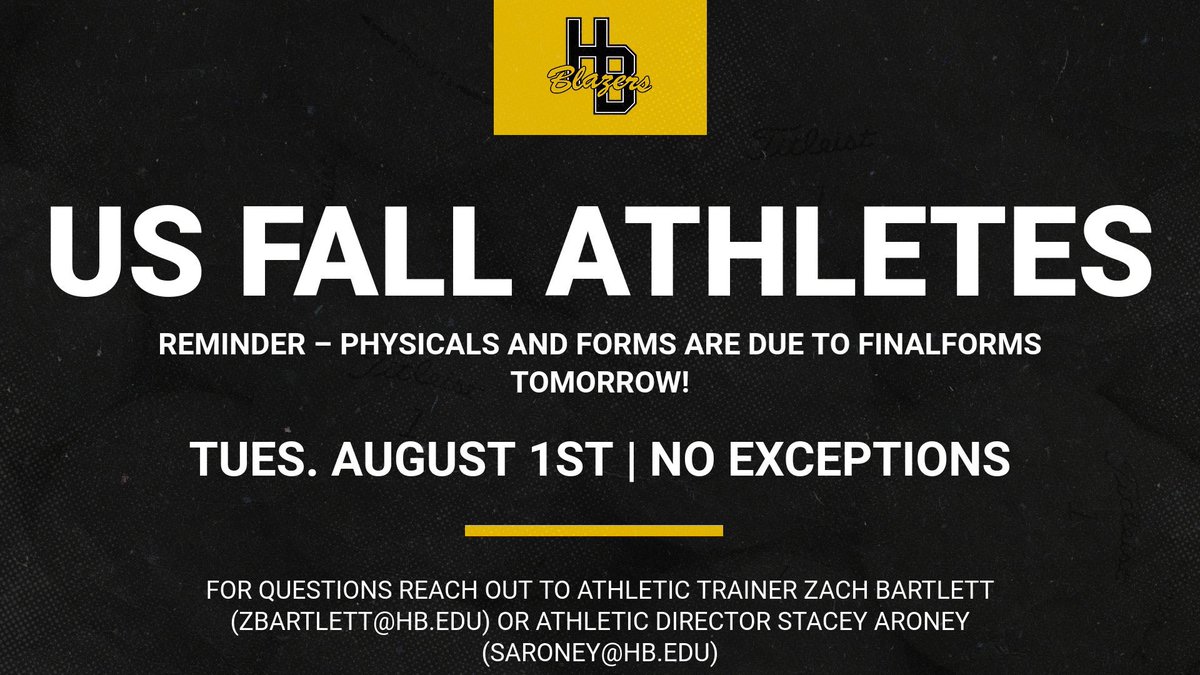 Hathaway Brown Athletics (@hbathletics) on Twitter photo 🚨REMINDER - get your physicals uploaded and signatures complete on FinalForms by TOMORROW 🚨
See previous emails from Stacey Aroney for more info — you will not be able to participate if your FinalForms are not complete.
#GoBlazers <a href="/HathawayBrown/">HathawayBrown</a> 🚨REMINDER - get your physicals uploaded and signatures complete on FinalForms by TOMORROW 🚨
See previous emails from Stacey Aroney for more info — you will not be able to participate if your FinalForms are not complete.
#GoBlazers <a href="/HathawayBrown/">HathawayBrown</a>