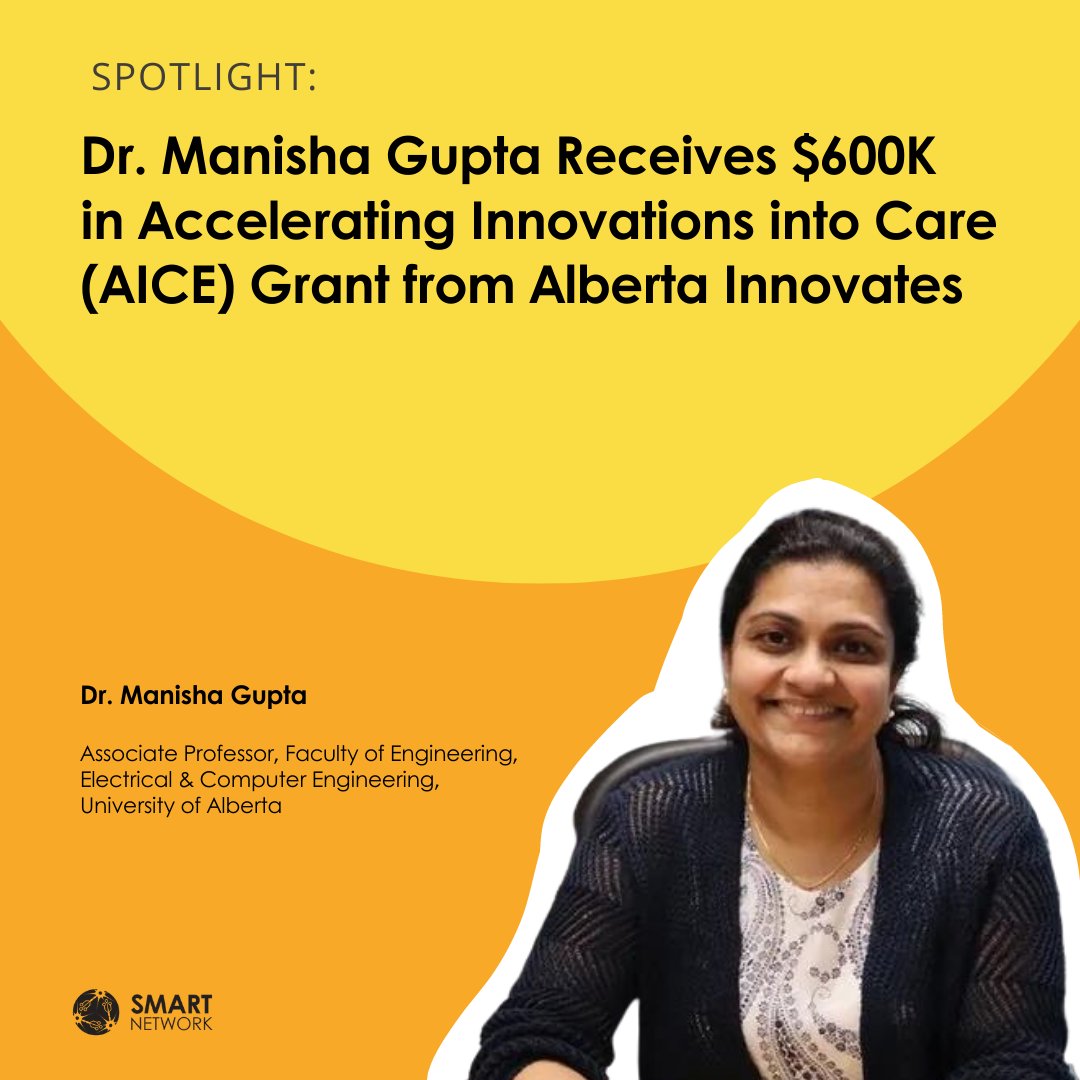 UA_iSMART's tweet photo. JULY SPOTLIGHT: Please join us in congratulating Dr. Manisha Gupta on receiving $600K of funding from the AICE grant from @ABInnovates 👏🏼🧬
.
#RehabMed #UofAMed #UniversityOfAlberta #BioSensors #HealthInnovation #HealthTech #BioWearables
.
@uofarehabmed @UAlberta_FoMD https://t.co/SctaCubwwg