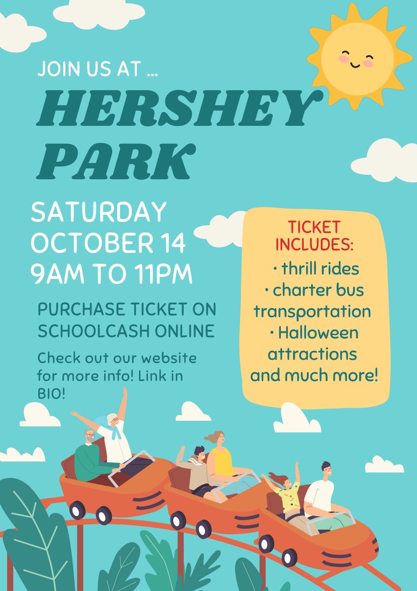 Lenape2025's tweet photo. HERSHEYPARK tickets are available to purchase NOW! 🎢 Join us for a day of fun with Halloween attractions included! 👻

Purchase tickets through SchoolCash Online. Click on the link in our BIO for more information and to buy a ticket! #lenapepride #classof2025 https://t.co/m7oozz5PhY