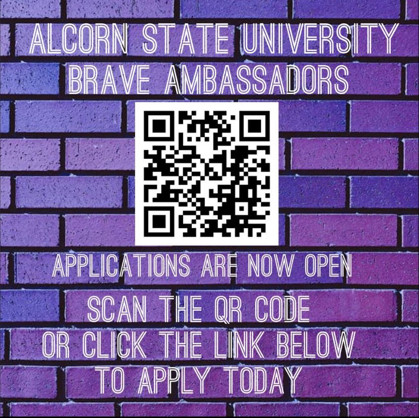 Alcorn State University Brave Ambassador applications are now open for all new and current students to apply🫡💜💛Please scan the QR code or use the link provided below to apply. Applications will close September 1, 2023. 

forms.gle/CDHLpjNB31avVL…
