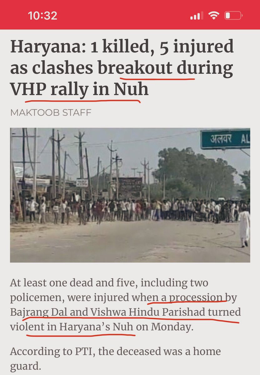 swati_gs's tweet photo. Maktoob Media was one of the Indian publications credited by BBC for its documentary which was a smear campaign against India’s majority and government elected by it. This is how they have reported today’s violence in Nuh-Mewat -

“breakout during VHP rally”procession by VHP “turned violent”