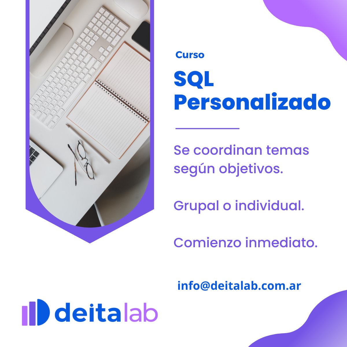 DeitaLab's tweet photo. ¿Quieres una experiencia de aprendizaje dinámica y flexible? 

En nuestro curso SQL Personalizado combinas teoría grabada con sesiones prácticas en vivo. 

Aprende de los mejores y aplica tus conocimientos en tiempo real. 

💻 Consultas: info@deitalab.com.ar #SQLPersonalizado https://t.co/Nz79788bXa
