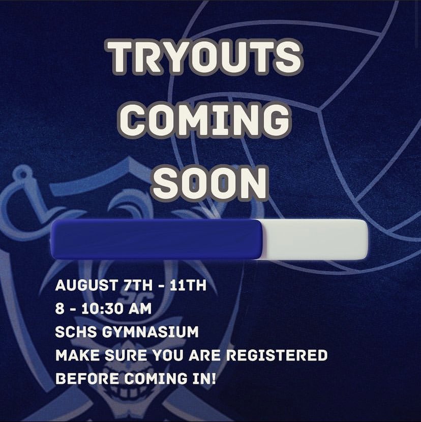 🏐 Heads up! 🏐

Tryouts are next week! Starting Monday, August 7 - 11, we will be having tryouts from 8 - 10:30 AM! 

Make sure everything with registration is squared away! For more information, check out schsactivities.com! 

See you at tryouts!