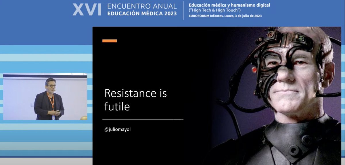"La resistencia a la Inteligencia Artificial es inútil".
Acabo de ver la magnífica charla de <a href="/juliomayol/">Julio Mayol</a> en el XVI Encuentro Anual de #EducacionMedica dentro de los <a href="/CursosVeranoUCM/">Cursos de Verano UCM</a> de la <a href="/FundacionLilly/">Fundación Lilly</a> que te recomiendo si quieres pasar un buen rato aprendiendo cómo la