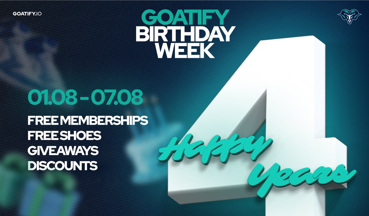 GoatifyIO's tweet photo. 🎉🎂 Goatify Turns 4 🎂🎉

We're celebrating our 4th birthday with giveaways for you! 
Starting tomorrow until 07.08, watch out for surprises every evening at 8pm CEST! 🤩

Like ❤️ this tweet, and a few lucky ones will receive early gifts in their DMs! 🐐🎁 https://t.co/6IxYlzF3nX