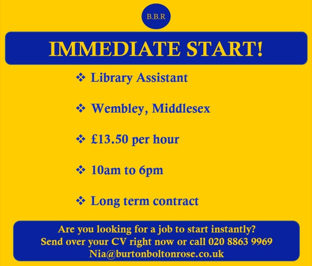 bbr_instantjobs's tweet image. #libraryassistant #library #assistant #wembley #london #temp #employment #jobsearch #jobhunt #jobopening #hiring #hiringnow #resume #jobs #careers #humanresources #harrow #londonjobs #middlesexjobs #middlesex #life #amazing #cool