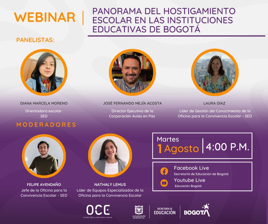 💡Les invitamos a conectarse al #webinar: ‘Panorama del hostigamiento escolar en las instituciones educativas de Bogotá’.
Un espacio de reflexión sobre el hostigamiento escolar en la ciudad y los posibles caminos para trabajar en la solución de conflictos. bit.ly/3rS1R0w