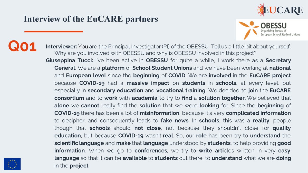 ResearchEucare's tweet photo. “Putting students front and centre”- is what Giuseppina Tucci from Organising Bureau of European School of Student Unions (OBESSU) defends in her interview for the EuCARE.
Read below the full interview!
#COVID19 #research #EuCARE #EuCAREpartners #schools #schoolstudy #students https://t.co/21L8kY0KFX