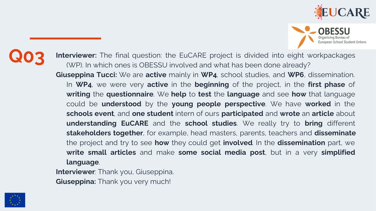 ResearchEucare's tweet photo. “Putting students front and centre”- is what Giuseppina Tucci from Organising Bureau of European School of Student Unions (OBESSU) defends in her interview for the EuCARE.
Read below the full interview!
#COVID19 #research #EuCARE #EuCAREpartners #schools #schoolstudy #students https://t.co/21L8kY0KFX
