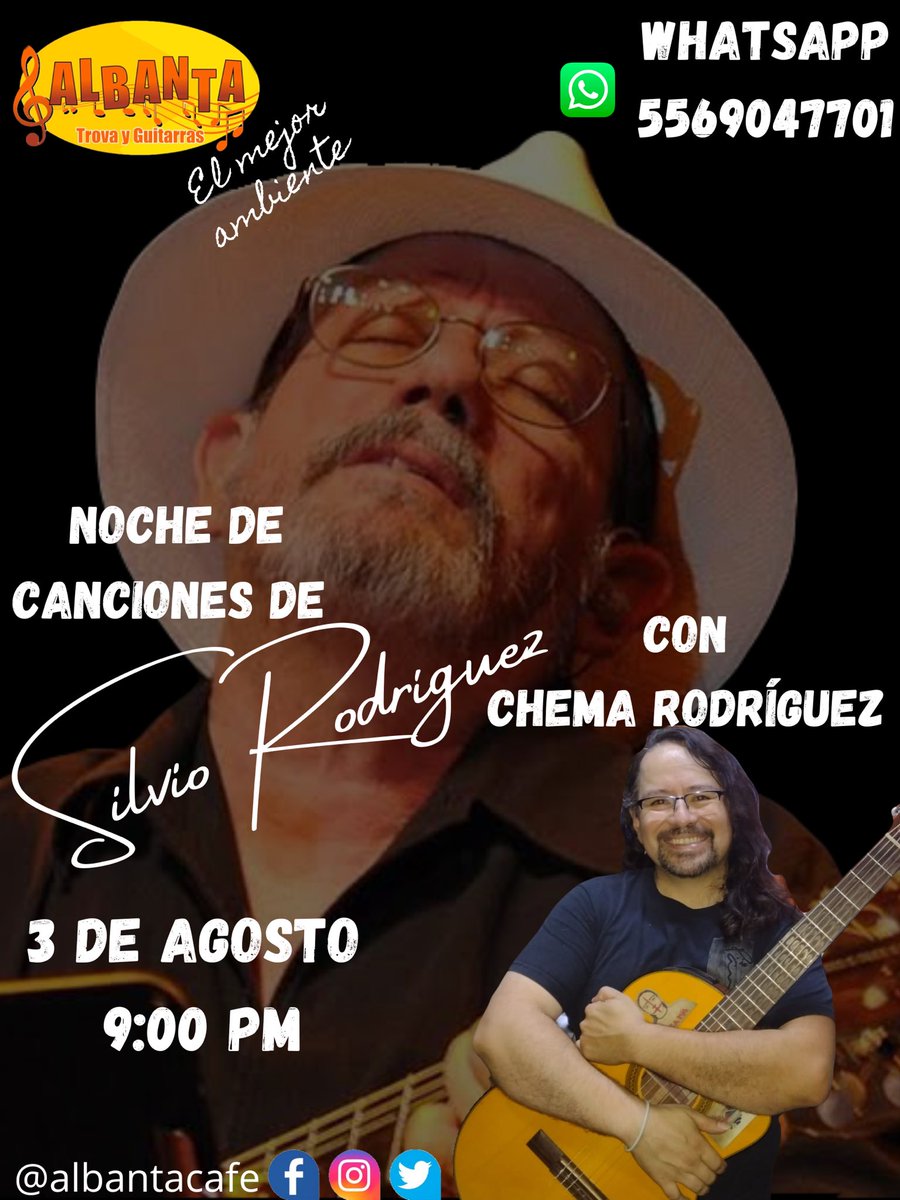 ESTE JUEVES

Arrancamos el nuevo mes en grande como siempre con nuestra ya tradicional noche dedicada a Silvio Rodríguez, interpretado por Chema Rodríguez.

Aparta tu lugar en WhatsApp 55 6904 7701
#albantacontigo #EscuchaTrova #lomejordelomejor #peñas #Albanta #trova