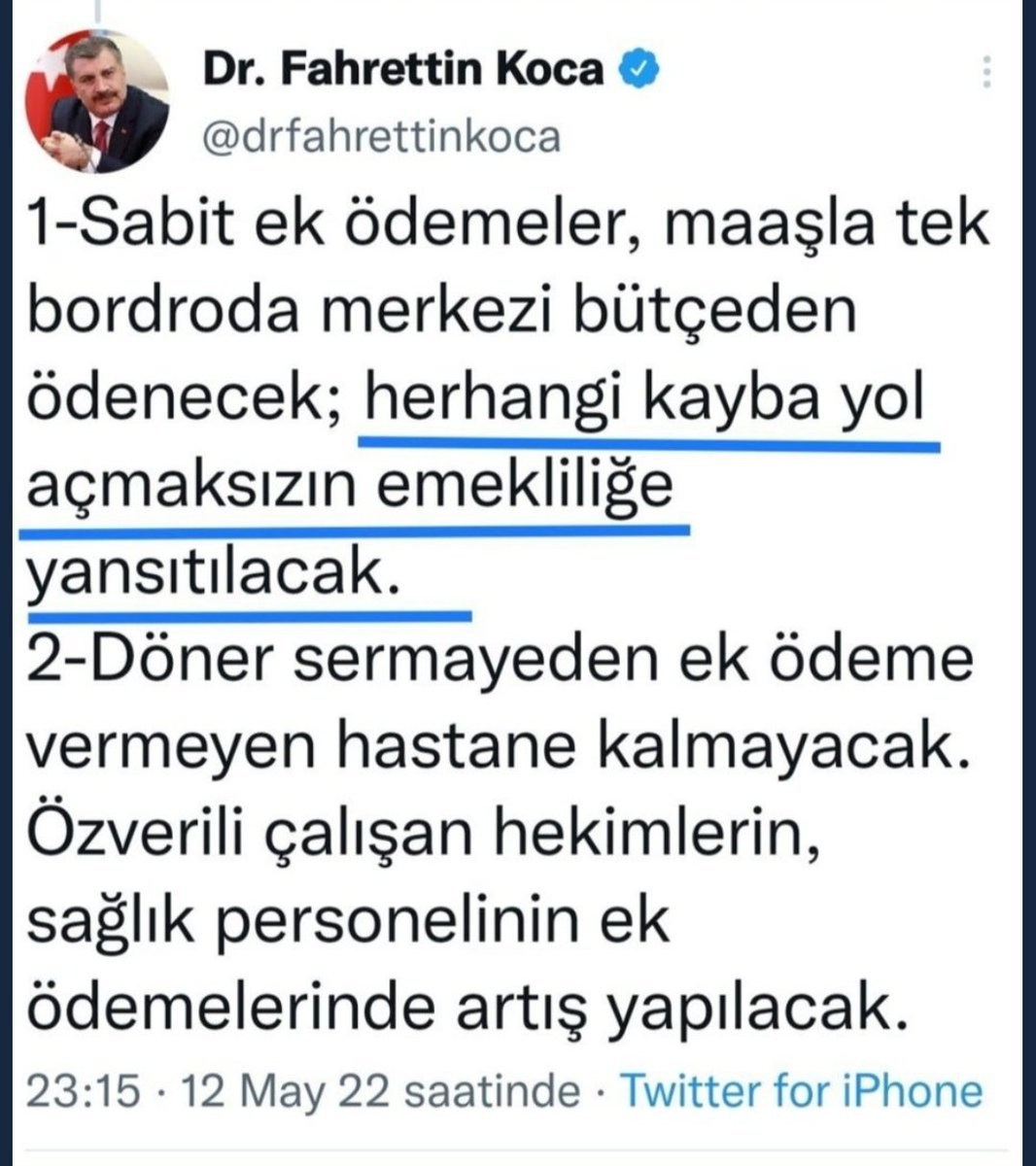 Sn. Bakan; siz verdiğiniz sözleri belki unuttunuz ama biz unutmadık. Söz verip de yapmadıklarınızdan biliyoruz, beyaz reform masalını.
Artık vaad değil, tamamı emekliliğe yansıyan, yoksulluk sınırı üzerinde tek kalem maaş istiyoruz. 
<a href="/drfahrettinkoca/">Dr. Fahrettin Koca</a>
#SağlıkçıdanKocayaMektup