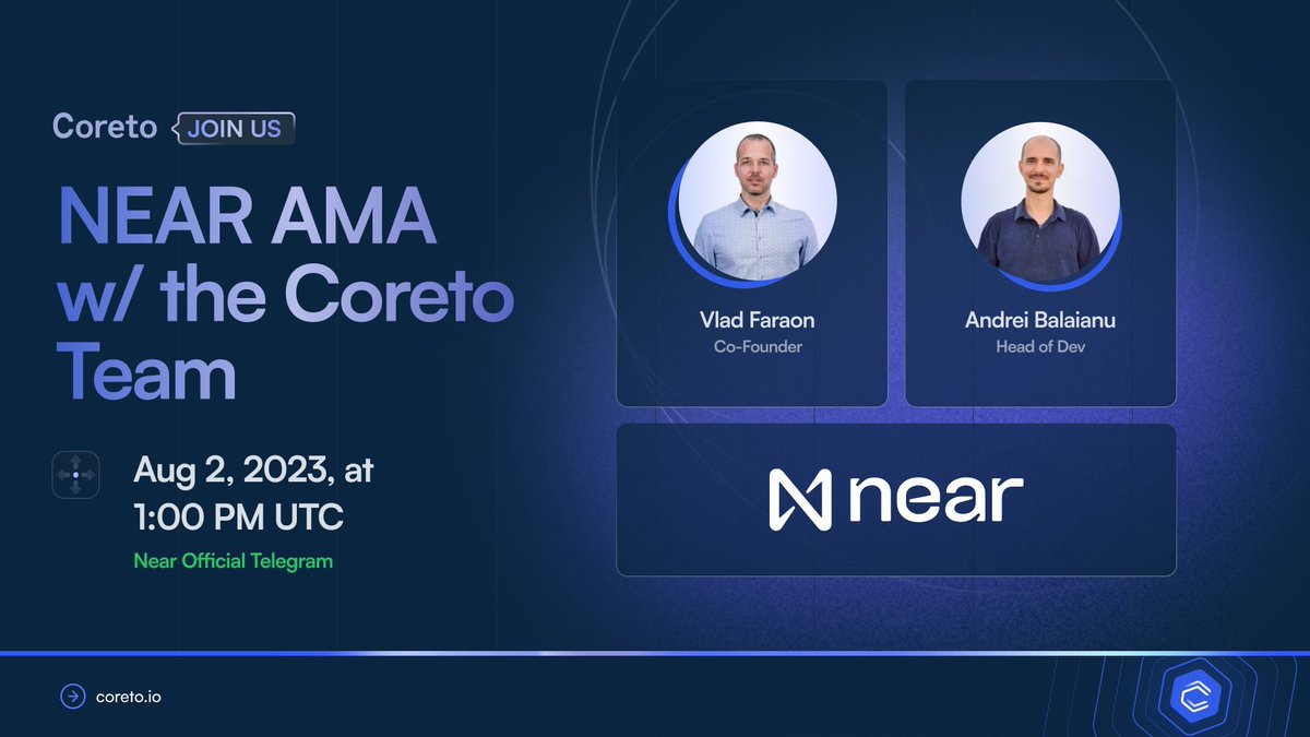 Coreto.io (@coretoio) on Twitter photo 🔥 Telegram Voice AMA 🔥
Join <a href="/Fara_vld/">Vlad Faraon</a> and <a href="/ABalaianu/">Andrei Costin Balaianu</a> for an exciting #AMA within <a href="/NEARProtocol/">NEAR Protocol</a>'s TG Community!
🗓Date & Time: August 2, 2023, 1 PM UTC
📍Near Official Telegram (t.me/cryptonear)
#BOS #NEARistheBOS #CoretoDRS 🔥 Telegram Voice AMA 🔥
Join <a href="/Fara_vld/">Vlad Faraon</a> and <a href="/ABalaianu/">Andrei Costin Balaianu</a> for an exciting #AMA within <a href="/NEARProtocol/">NEAR Protocol</a>'s TG Community!
🗓Date & Time: August 2, 2023, 1 PM UTC
📍Near Official Telegram (t.me/cryptonear)
#BOS #NEARistheBOS #CoretoDRS