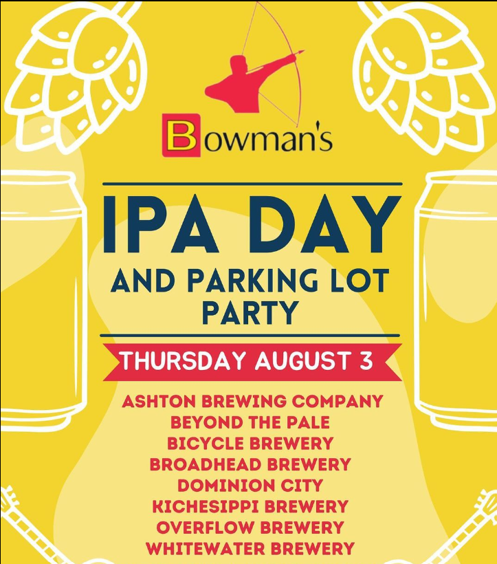 BTPBrewing's tweet photo. Join us at Bowmans Bar &amp; Grill for Thursday's annual IPA Day celebrations. The fun kicks off at 5 PM and goes on till late. Lots of amazing breweries are showing off their unique IPAs.

Admission is free and fun for all, but only beers for those 19+! https://t.co/SHC43NfBCA