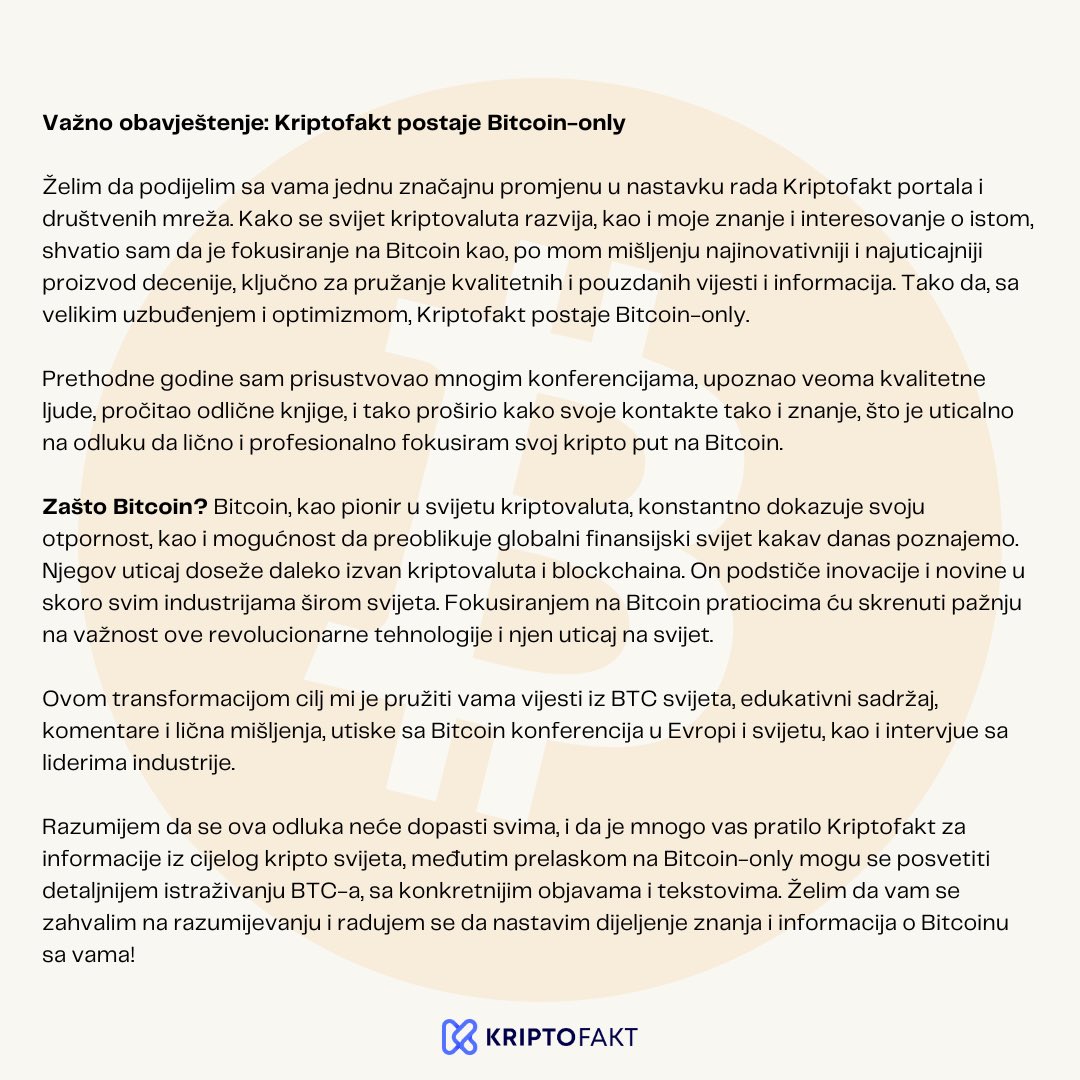 kriptofakt's tweet photo. Kriptofakt postaje #Bitcoin-only. Hvala svima na razumijevanju 💛 https://t.co/7WosCofMQN