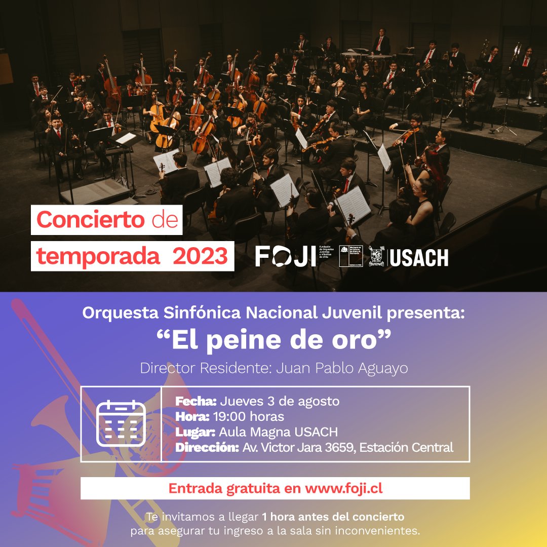 FOJIChile's tweet image. La #OSNJ presenta “El peine de oro” en el Aula Magna Usach 💜🎵

¡Te esperamos!
📅 03/08
⏰19:00 horas

🎟️ Entradas gratuitas disponibles en bit.ly/456ccUJ

#FOJSinFronteras #Orquestas #Cultura #Música