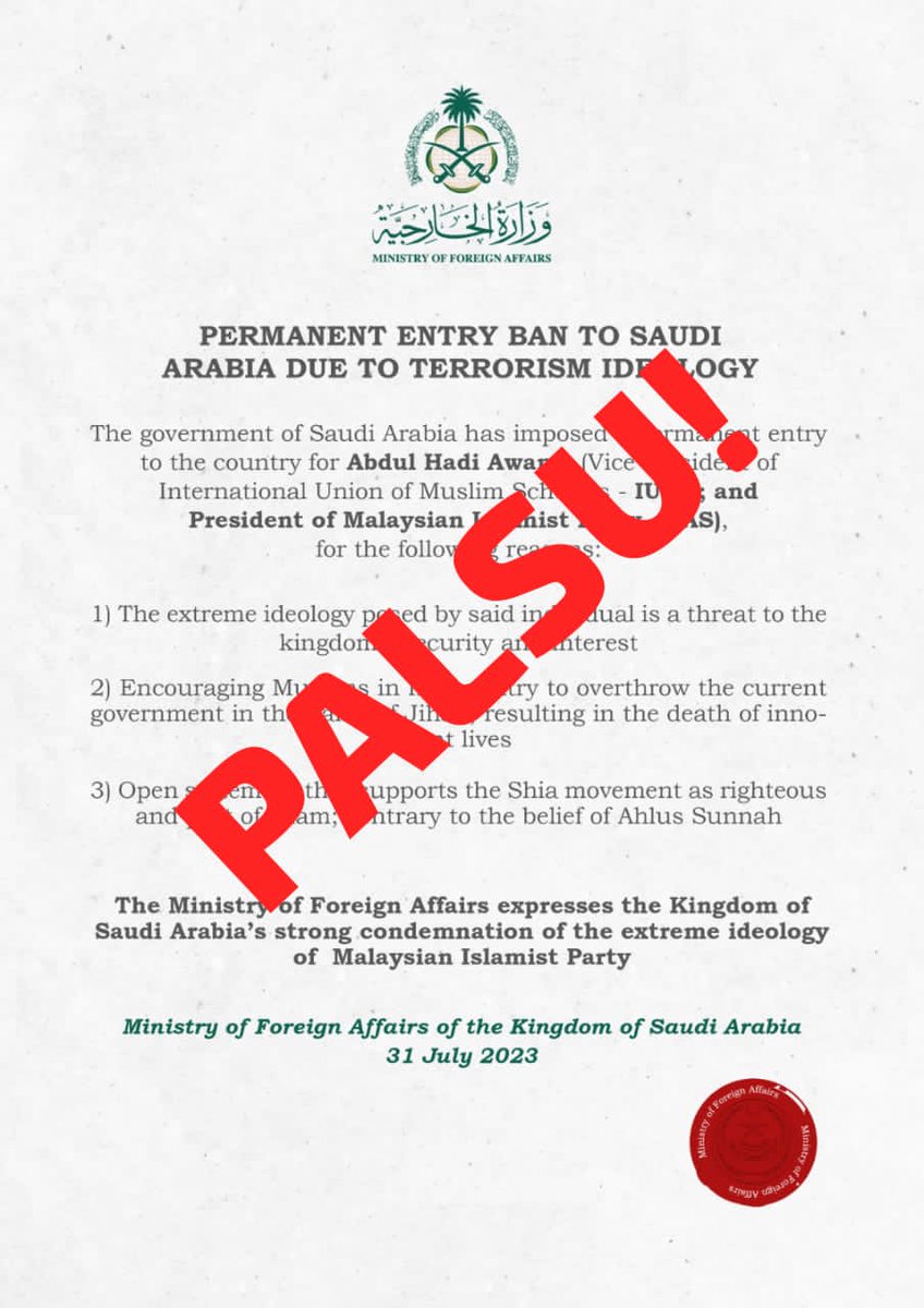 PASPusat's tweet photo. PALSU!

Ini adalah bukti pihak mereka sudah ketandusan idea untuk bersaing secara demokratik, matang dan bermaruah dalam PRU DUN kali ini.

Fakta:
1. Kenyataan Rasmi Arab Saudi menggunakan tahun hijrah, bukan masihi

(1/2) https://t.co/WBMN6TbOOC