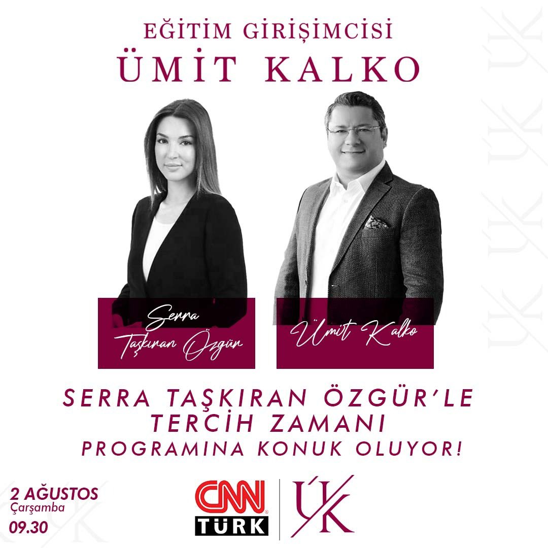 umitkalko's tweet photo. 02 Ağustos Çarşamba günü saat 09:30’da Sn.Serra Taşkıran Özgür’ün konuğu olarak CNN TÜRK’te Tercih Zamanı programında olacağım. Takip etmeniz dileğimle. @cnnturk https://t.co/vChcQhbgzC
