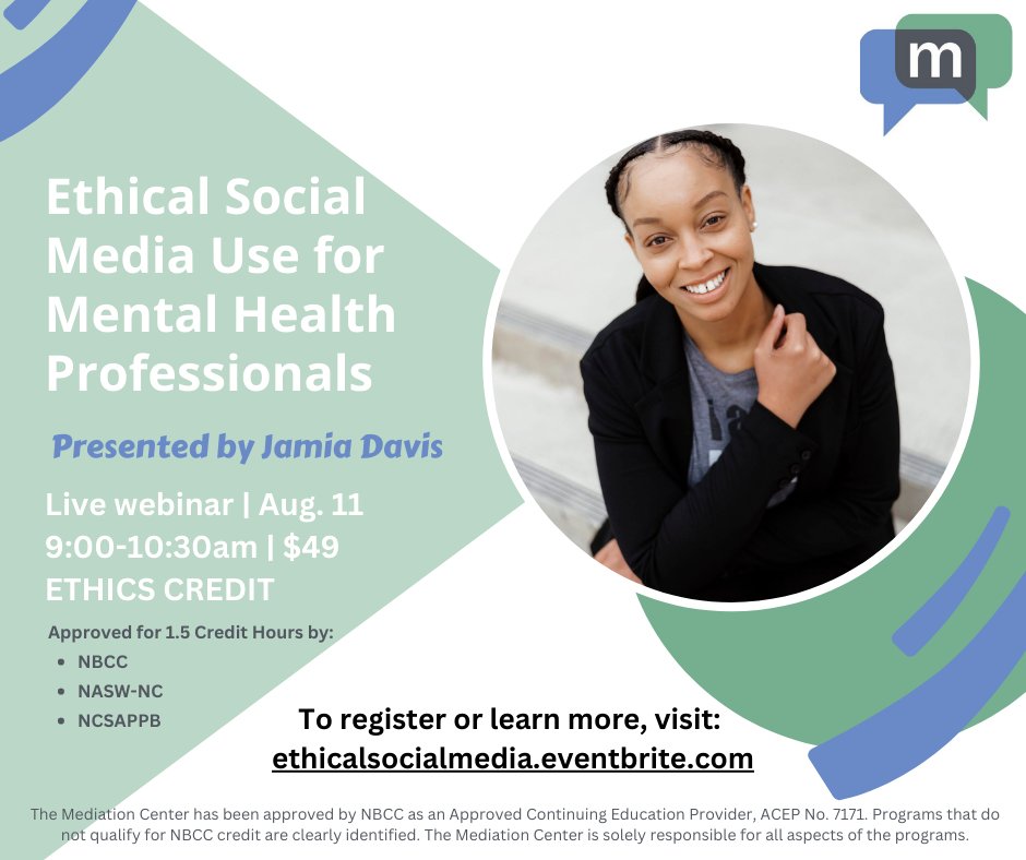 MediateWNC's tweet photo. Mental health professionals can earn 1.5 credit from the NCVV, NASW-NC, and NCSAPPB, ethics on Friday, August 11th and learn about best strategies for using social media. Learn more: https://t.co/IrAAJkpoIa https://t.co/Nv4mad9SCg