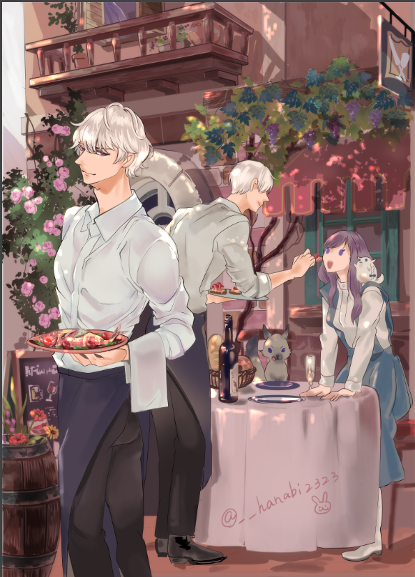 リストランテ・アルテア（嘘）
ギャルソンエプロンを描こうと思って背景に泣いた
選択終焉ハッピーセットと食いしん坊なお客さん達