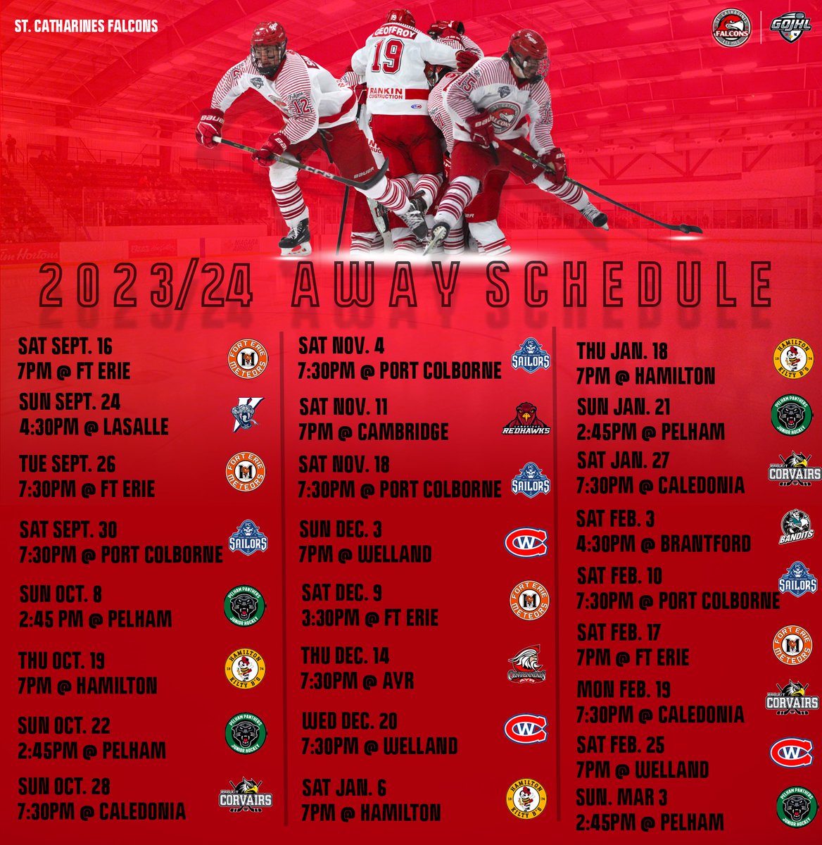 Full 2023/24 season schedule is out‼️

We’re kicking it all off at home on September 15th😤

#LetsGoFalcs | #StCatharinesFalcons | #GOJHL