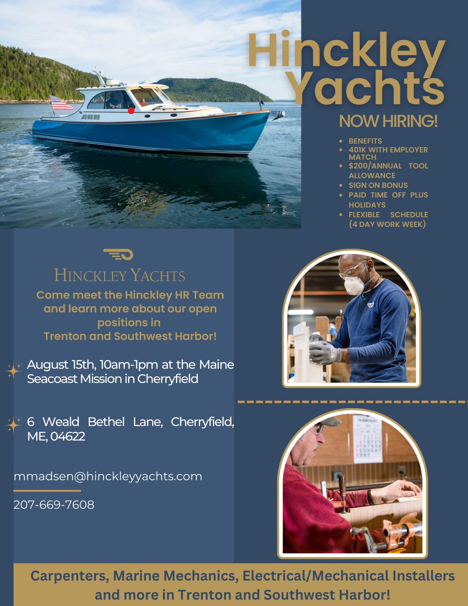 Machias_CC's tweet photo. Hinkley Yachts will be at the Maine Seacoast Mission, 6 Weald Bethel Lane, Cherryfield on August 15th from 10-1 PM for a walk-in hiring event! https://t.co/gAWw039ur5