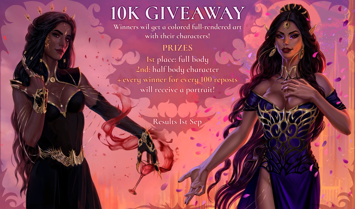 nodensart's tweet photo. 🌸 10K ART RAFFLE 🌸 Thank you for all support and love!

▸ Follow, Like + RT this post   
▸ Drop your OC's references below
▸ Tag your friends (optional). Bonus portraits every 100 RT 💜
▸ Ends September 1st. I wish you good luck! https://t.co/fBVtzFc30g