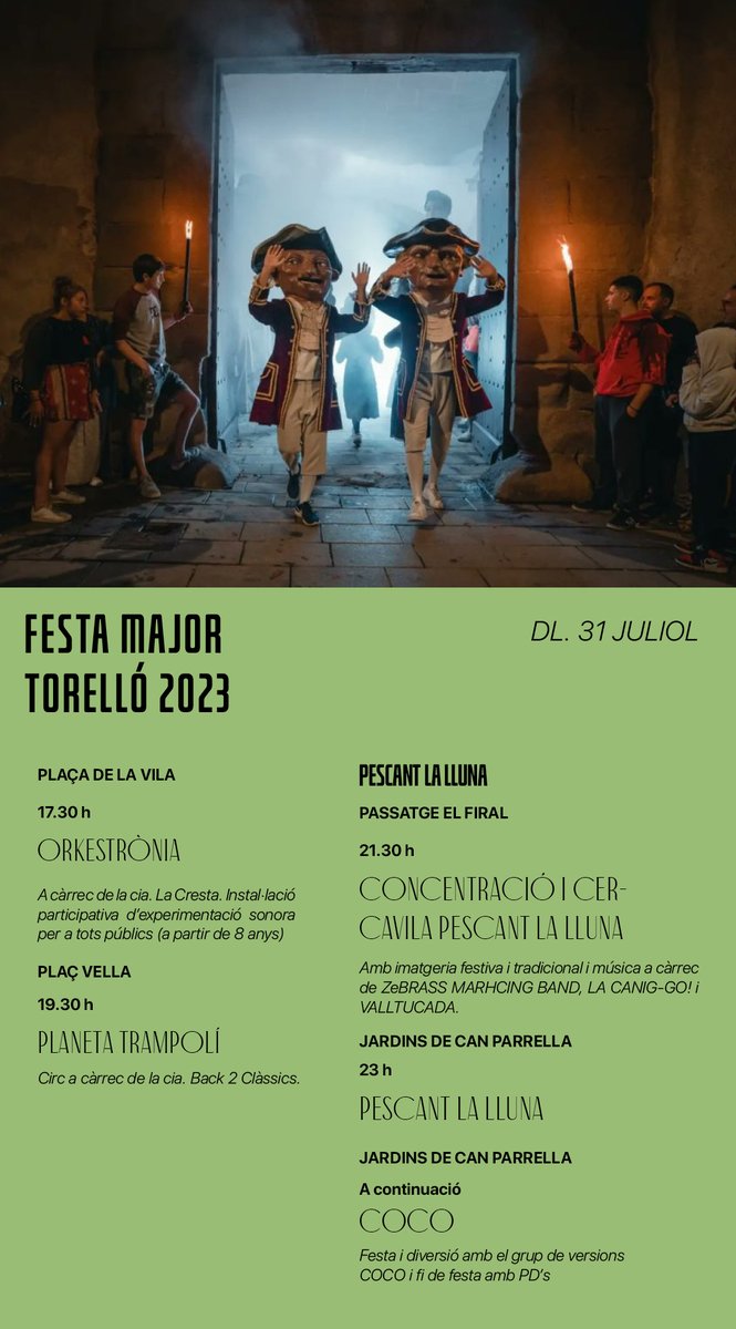 Festa Major Torello (@fmajortorello) on Twitter photo Aquesta nit Pescant la Lluna: la nit en què els gegants recreen la llegenda més genuïna de Torelló. Durant la tarda, tindrem les instal·lacions d'Orkestrònia i el circ de Planeta Trampolí! La nit acabarà amb versions de Coco!
<a href="/AjTorello/">Ajuntament de Torelló</a> Aquesta nit Pescant la Lluna: la nit en què els gegants recreen la llegenda més genuïna de Torelló. Durant la tarda, tindrem les instal·lacions d'Orkestrònia i el circ de Planeta Trampolí! La nit acabarà amb versions de Coco!
<a href="/AjTorello/">Ajuntament de Torelló</a>