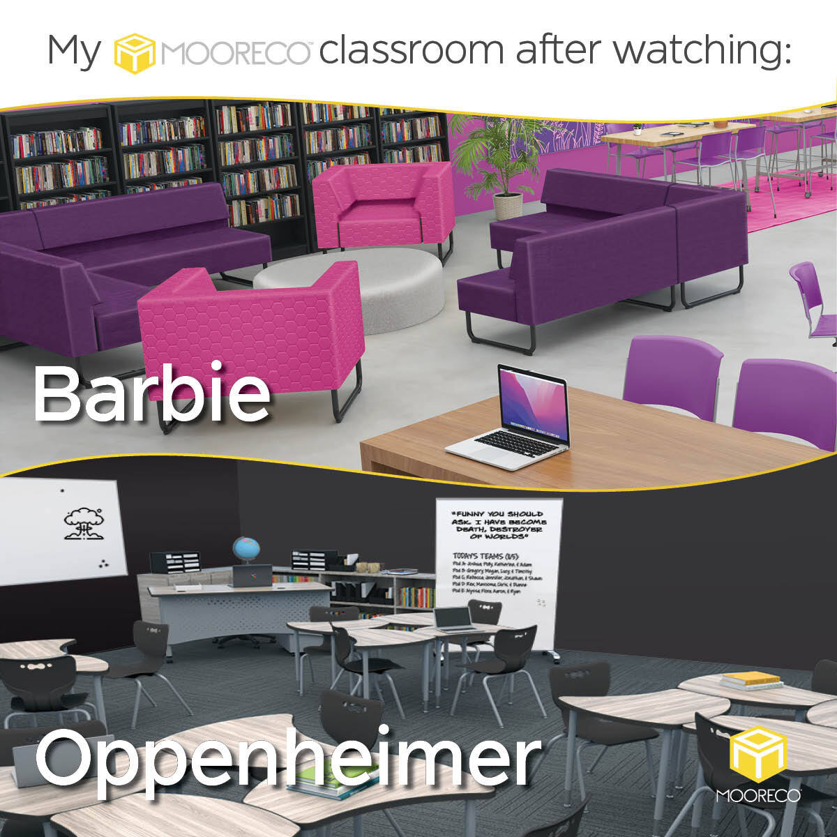 MooreCoInc's tweet photo. When it comes to sparking curiosity in the classroom, two powerful forces collide! Our innovate furniture empowers young minds to dream big and learn. #MooreCo #Thrive #Barbenheimer https://t.co/q48F6RPxXz