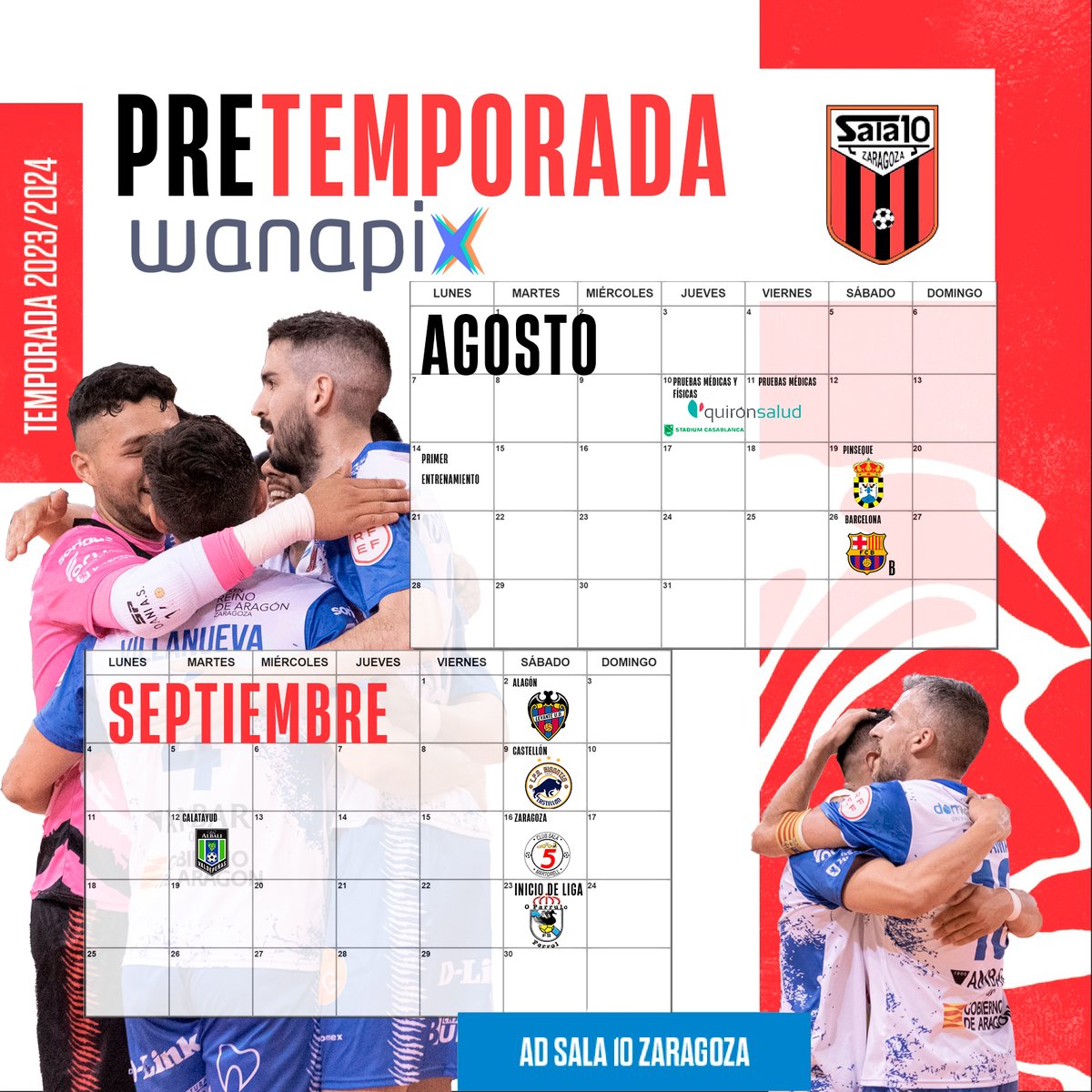 PRETEMPORADA | Definida la pretemporada 23-24 de Wanapix

🏥 Pruebas médicas en <a href="/quironsalud/">quirónsalud</a> y físicas en <a href="/stcasablancazgz/">Stadium Casablanca</a> 
📆 10 y 11 de agosto  

 ⚽️ Primer amistoso
📆19 de agosto  vs <a href="/CDPINSEQUE/">𝘾𝙇𝙐𝘽 𝘿𝙀𝙋𝙊𝙍𝙏𝙄𝙑𝙊 𝙋𝙄𝙉𝙎𝙀𝙌𝙐𝙀</a> 

👏Presentación ante la afición el 16 de septiembre 

➡️ adsala10.es/definida-la-pr…