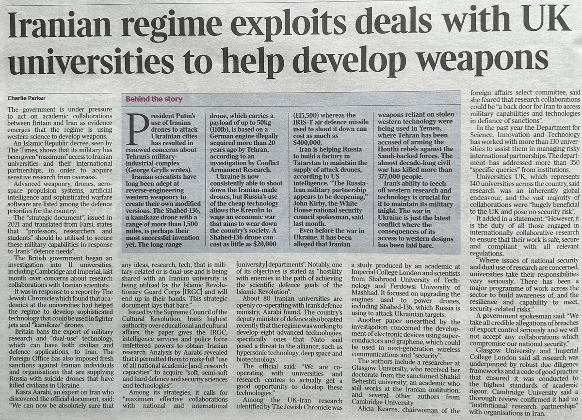 “Kasra Aarabi, who discovered the official document, said: ‘We can now be absolutely sure that any ideas, research, tech, that is military-related or dual-use & is being shared with an Iranian university is being utilised by the IRGC & will end up in their hands.’”
