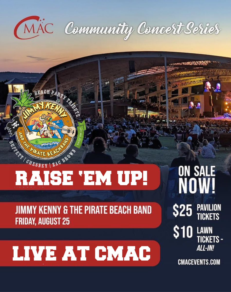 jimmykennyband's tweet photo. 🔥📣 #NEWYORK - JUST ANNOUNCED: CMAC Amphitheater. Fri. Aug. 25th, 2023 | @cmacevents 

🎟️ TIX ON SALE👉 https://t.co/7P8zGOrl3X 
$25 Pavilion Reserved
$10 All-In Lawn

#CMAC #tribute #kennychesney #zacbrownband #jimmybuffett #countrymusic #noshoesnation #margaritaville #zamily https://t.co/YmpNRwikwc
