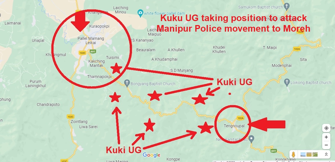 #BigAlert! Local Intelligence Report has confirmed that #ChinKuki #NarcoTerrorists have taken positions in areas from #Pallel to #Tengnoupal, to #Ambush the #ManipurPolice movement enroute to border town of #Moreh. Currently the unruly mob of #KukiWomen Union is blocking the road