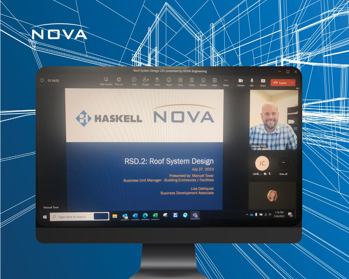 NOVA_Engineer's tweet photo. Thank you @HaskellCo for joining our virtual lunch and learn session "Roof System Design". The participation, spanning across multiple states, was amazing! Kudos to Manuel Tovar and Lisa Dahlquist for making this a success!
#roofsystems #roofdesign #lunchandlearn #Partnership https://t.co/H8rBI1Nca4