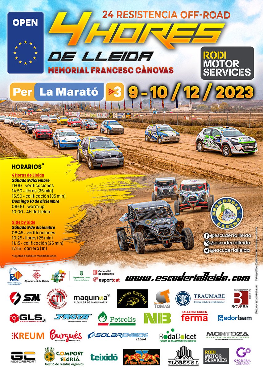 4 HORAS DE LLEIDA - 24ª edición
9-10 diciembre 2023
Circuit de Lleida
4H Resistencia Turimos  |  Side by Side
En los próximos días info: escuderialleida.com