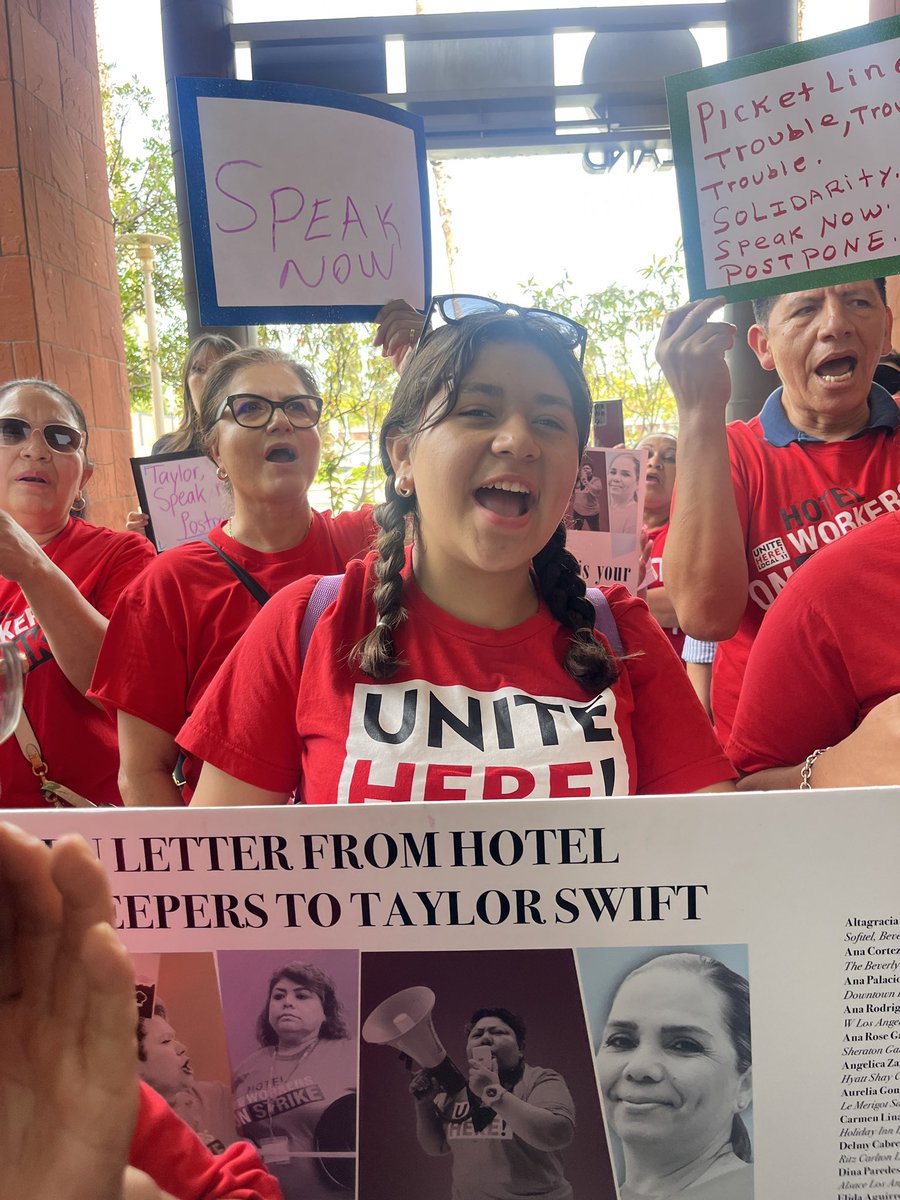Three days before @taylorswift13 kicks off her Era Tour at SoFi Stadium, dozens of hotel housekeepers are delivering a letter asking her to postpone her tour unless the hotels that are set to receive millions of dollars of profit from her tour agree to pay a living wage.