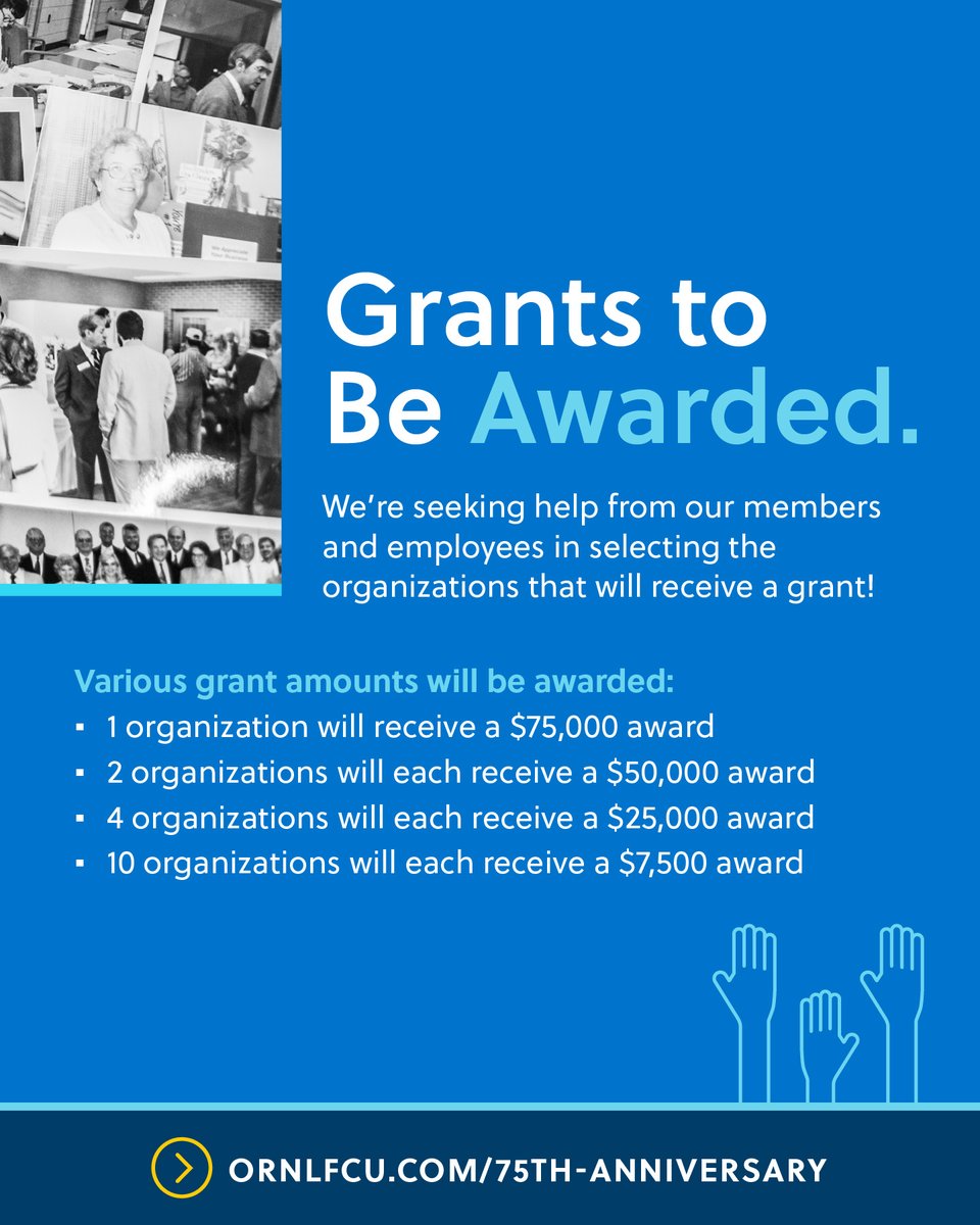 ornlfcu's tweet image. In honor of our 75th anniversary, we will be awarding 17 grants to local nonprofits totaling $350,000! 🎉 Visit ornlfcu.com/75th-anniversa… to nominate your favorite nonprofit that you believe would benefit greatly from this grant giveaway now through August 12. #cudifference